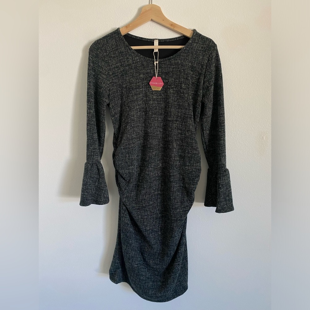 NWT Pinkblush Dress Womens Maternity Dark Gray Heather Long Sleeve Ruched Size L